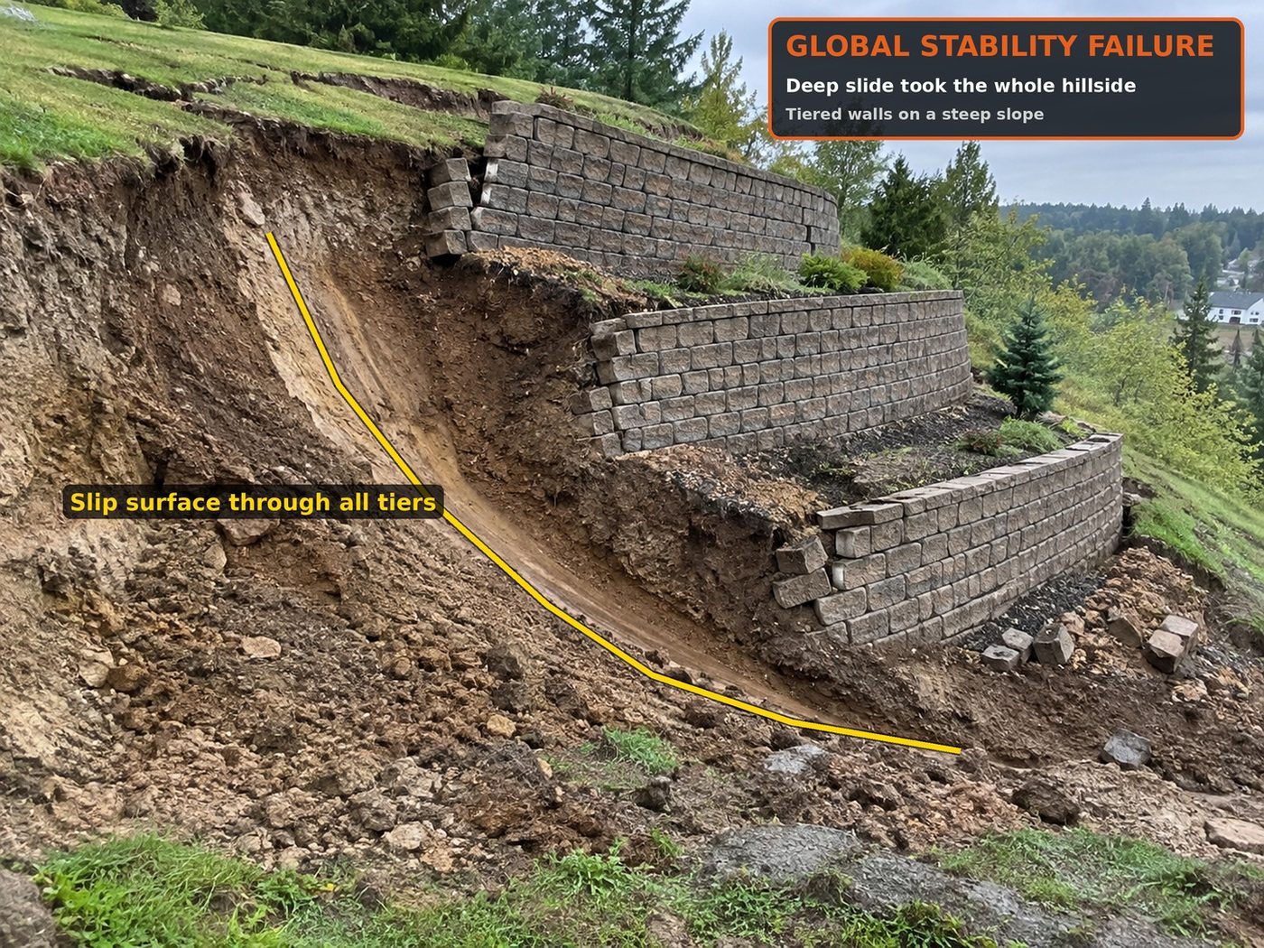Illustration of tiered block walls carried downhill by a deep slope failure, with the slip surface marked